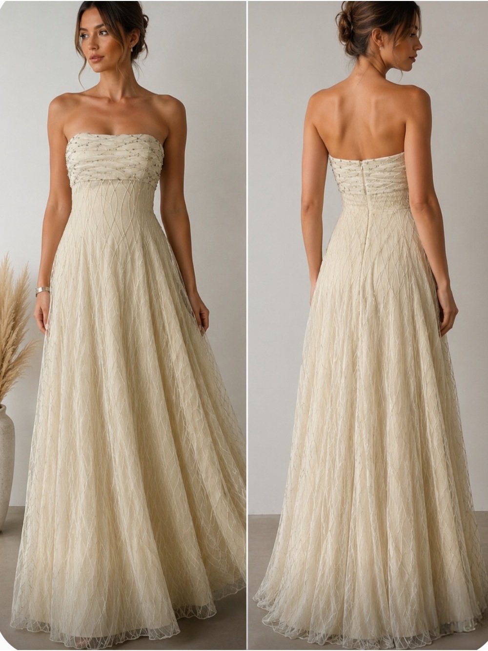Victor Costa Strapless Champagne Lace A-Line Gown